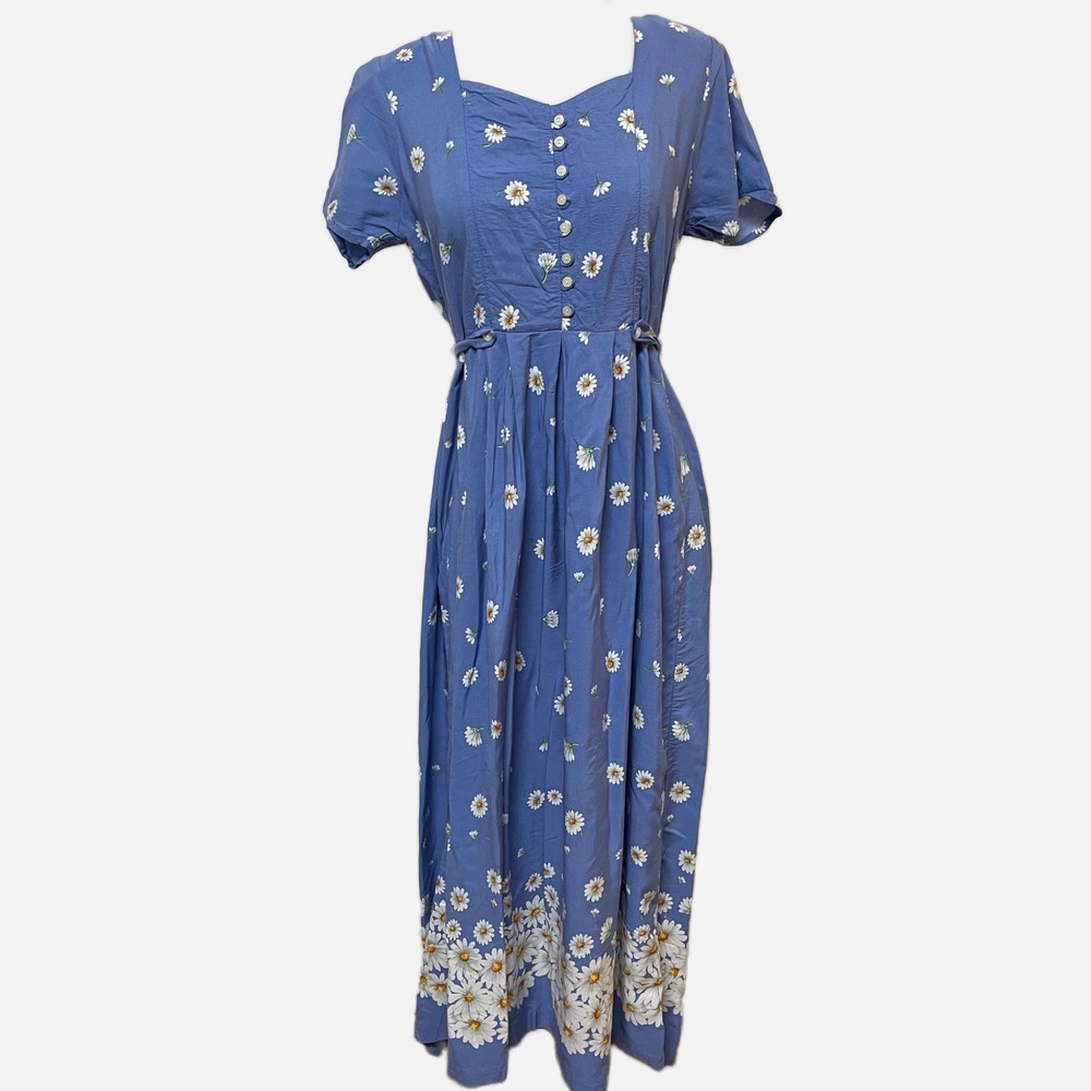 Erika Vintage Blue Daisy Floral Midi Dress Medium Cottagecore Rayon Tie Back